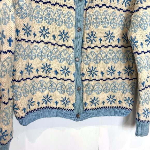 Handmade Wool Cardigan Sweater Womens Cream Blue Fair Isle Knit Scotland Nordic - Picture 8 of 16